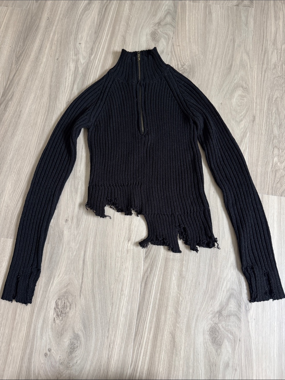 Gilded Intent Black Ribbed Zip Mock-Neck Sweater with Distressed Hem